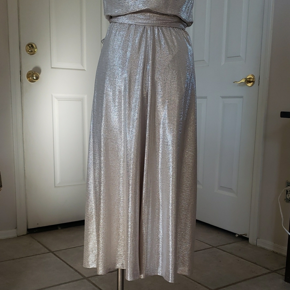 Lauren Ralph Lauren Silver Metallic Wrap Dress | Sleeveless Evening Gown SIZE 2 - Picture 5 of 16